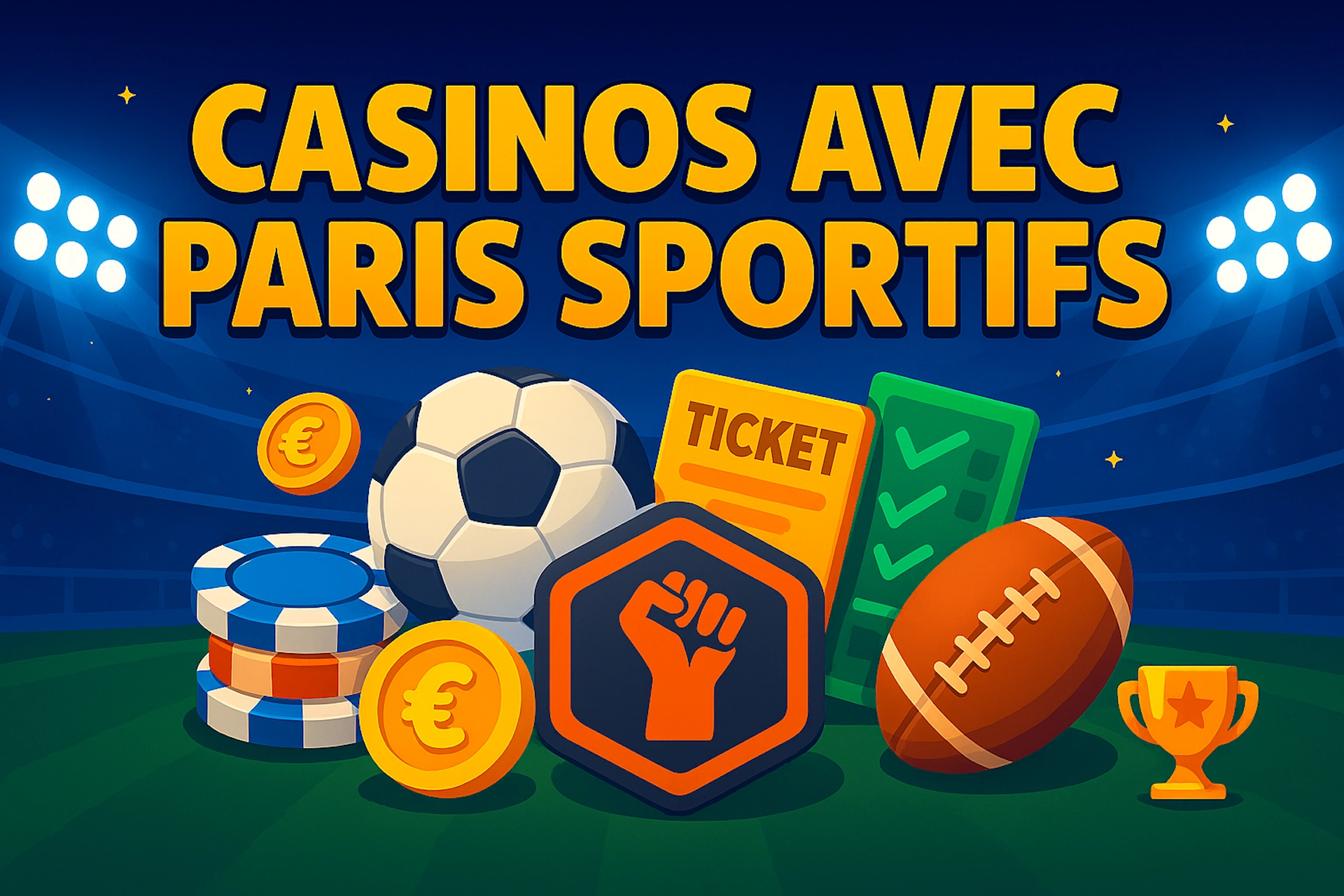 Illustration colorée de style Casinotan avec texte “Casinos avec Paris Sportifs”, jetons de casino, pièces euro, ballon de foot, ballon de basket, ticket de pari, fiche de match et trophée sur fond de stade.