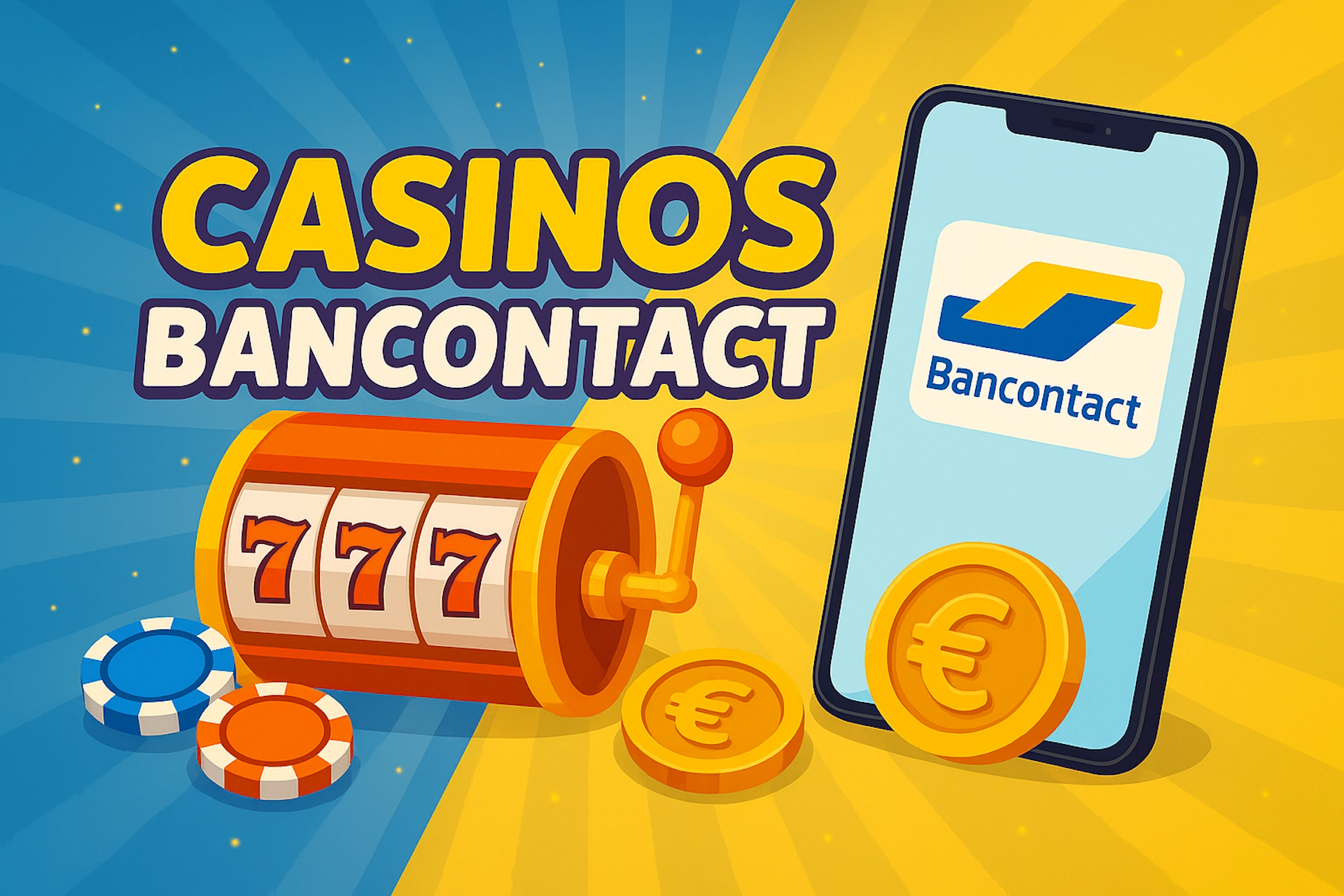 Illustration 1920x1280 cartoon avec texte &laquo; CASINOS BANCONTACT &raquo;, smartphone affichant le logo officiel Bancontact, machine &agrave; sous 777, jetons et pi&egrave;ce dor&eacute;e avec symbole euro, sur fond bleu-jaune lumineux style Casinotan.