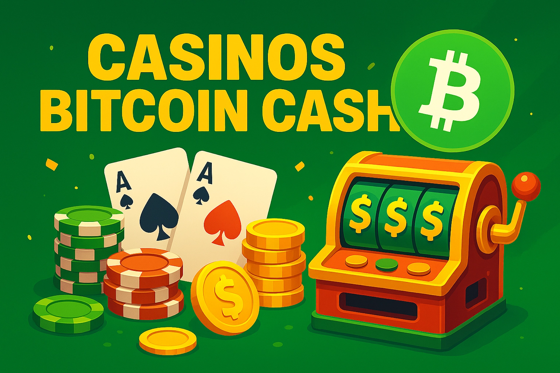 Illustration numérique au format 3:2 pour "Casinos Bitcoin Cash", avec un fond vert festif, une machine à sous rouge et or, des cartes As, des jetons verts et rouges, des pièces dorées et le logo Bitcoin Cash en haut à droite.