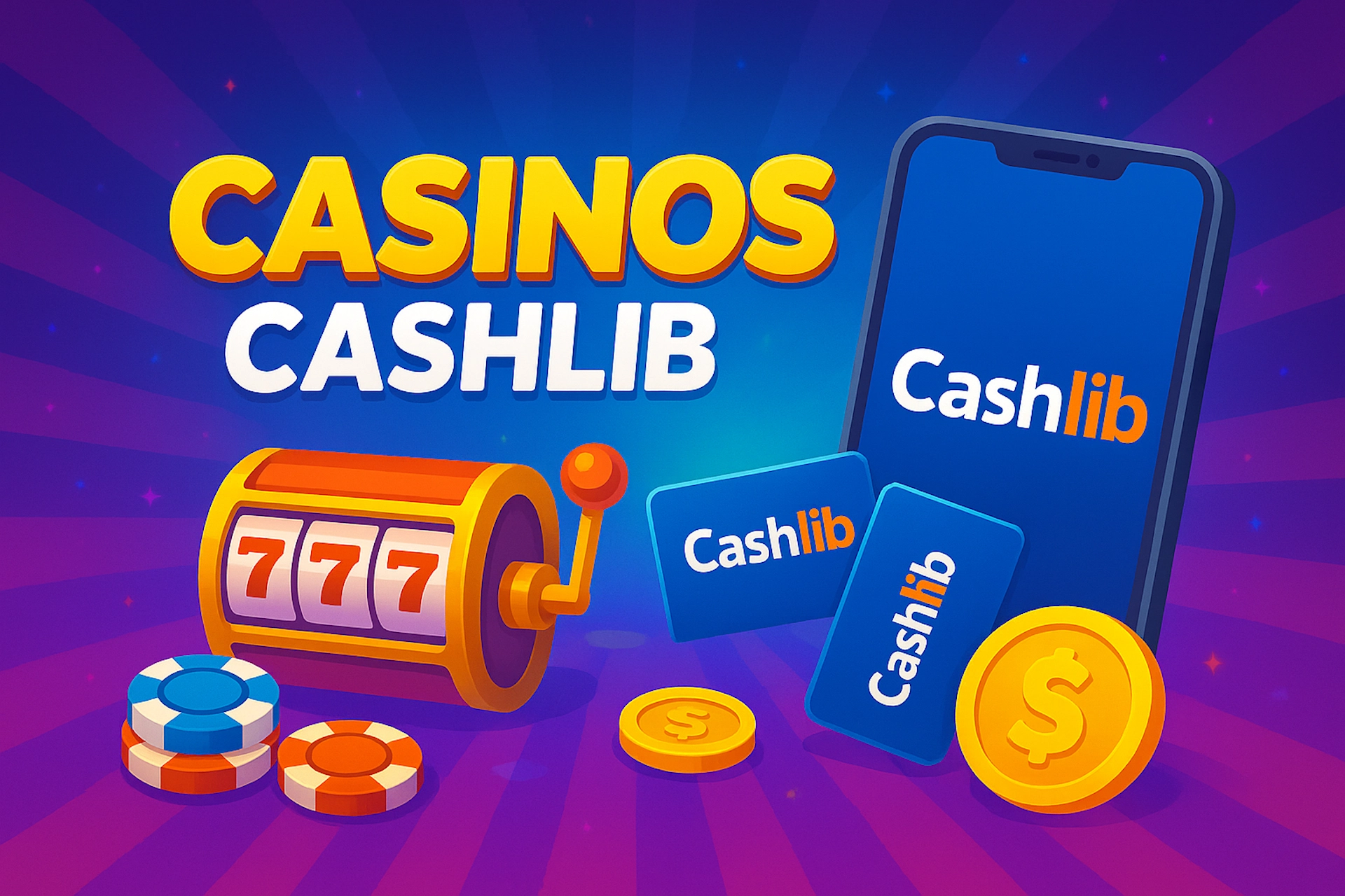 Illustration 1920x1280 cartoon avec texte « CASINOS CASHLIB », smartphone affichant le vrai logo Cashlib (CASH blanc + lib orange), cartes prépayées Cashlib bleu, machine à sous 777, jetons et pièce dollar sur fond bleu-violet lumineux style Casinotan