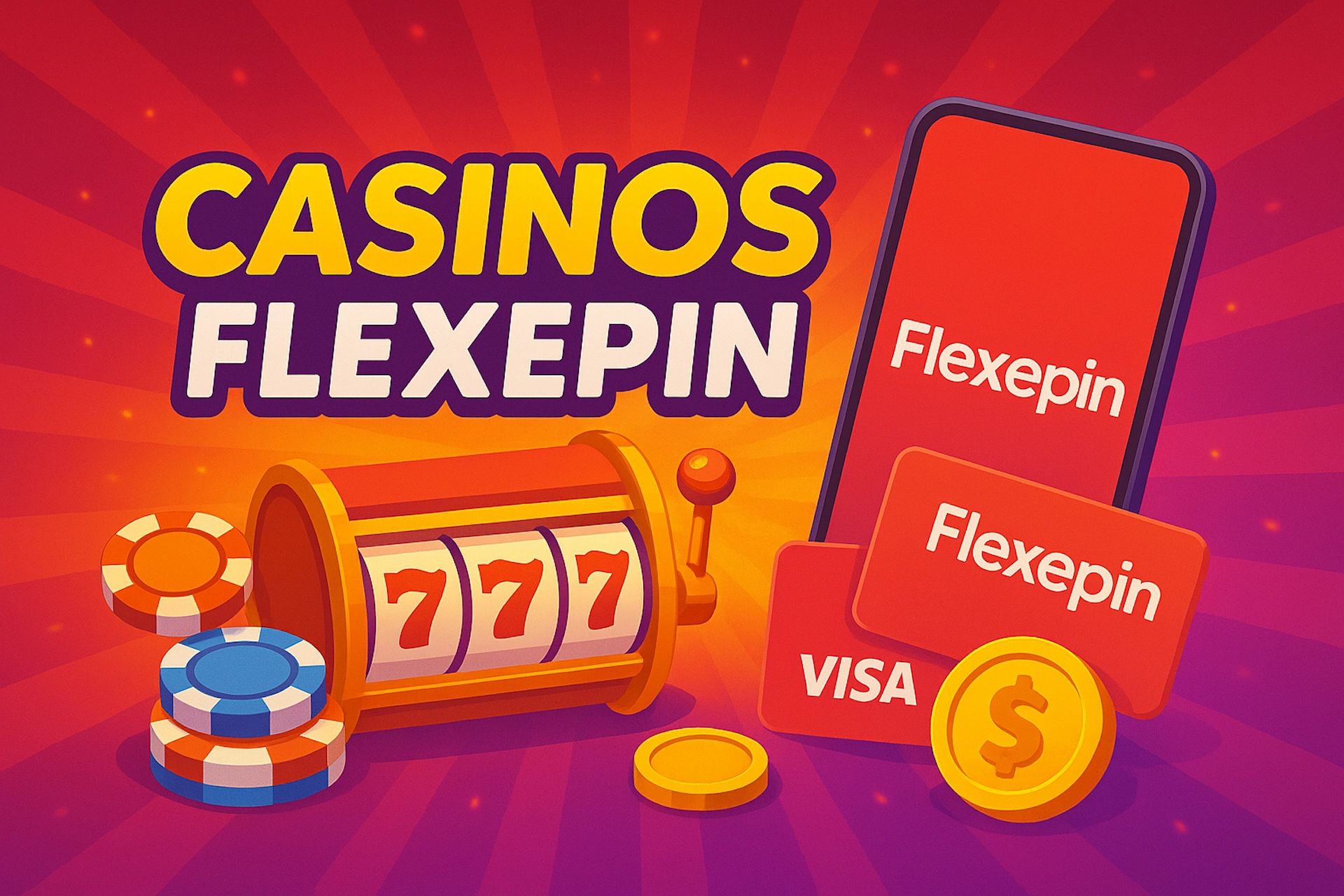 Illustration 1920x1280 cartoon avec texte « CASINOS FLEXEPIN » (CASINOS jaune + FLEXEPIN blanc), smartphone avec logo officiel Flexepin, deux cartes prépayées rouges Flexepin, machine à sous 777, jetons et pièce dollar sur fond rouge-violet lumineux style Casinotan
