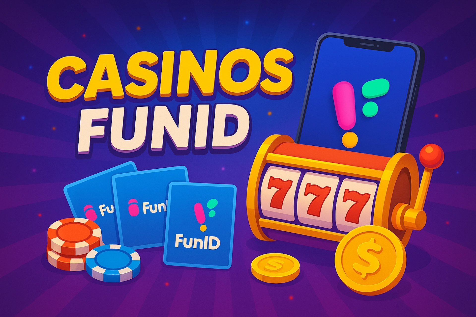 Illustration 1920x1280 cartoon avec texte « CASINOS FUNID », smartphone affichant le logo officiel FunID (rose, vert, jaune), cartes prépayées FunID, machine à sous 777, jetons et pièce dollar sur fond violet-bleu lumineux style Casinotan