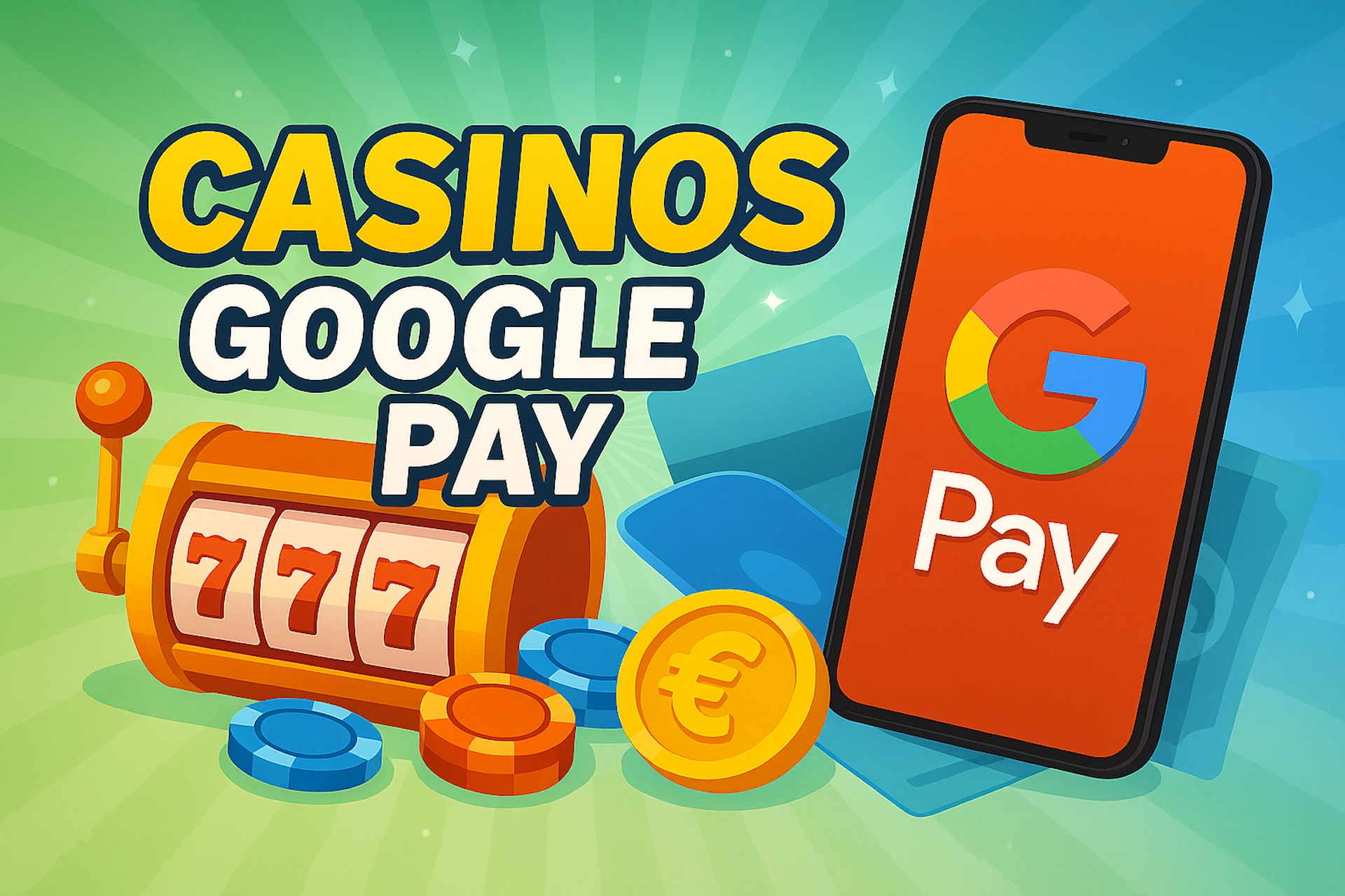 Illustration cartoon d&rsquo;une machine &agrave; sous, pi&egrave;ces euro et smartphone avec logo Google Pay, texte &ldquo;Casinos Google Pay&rdquo;.