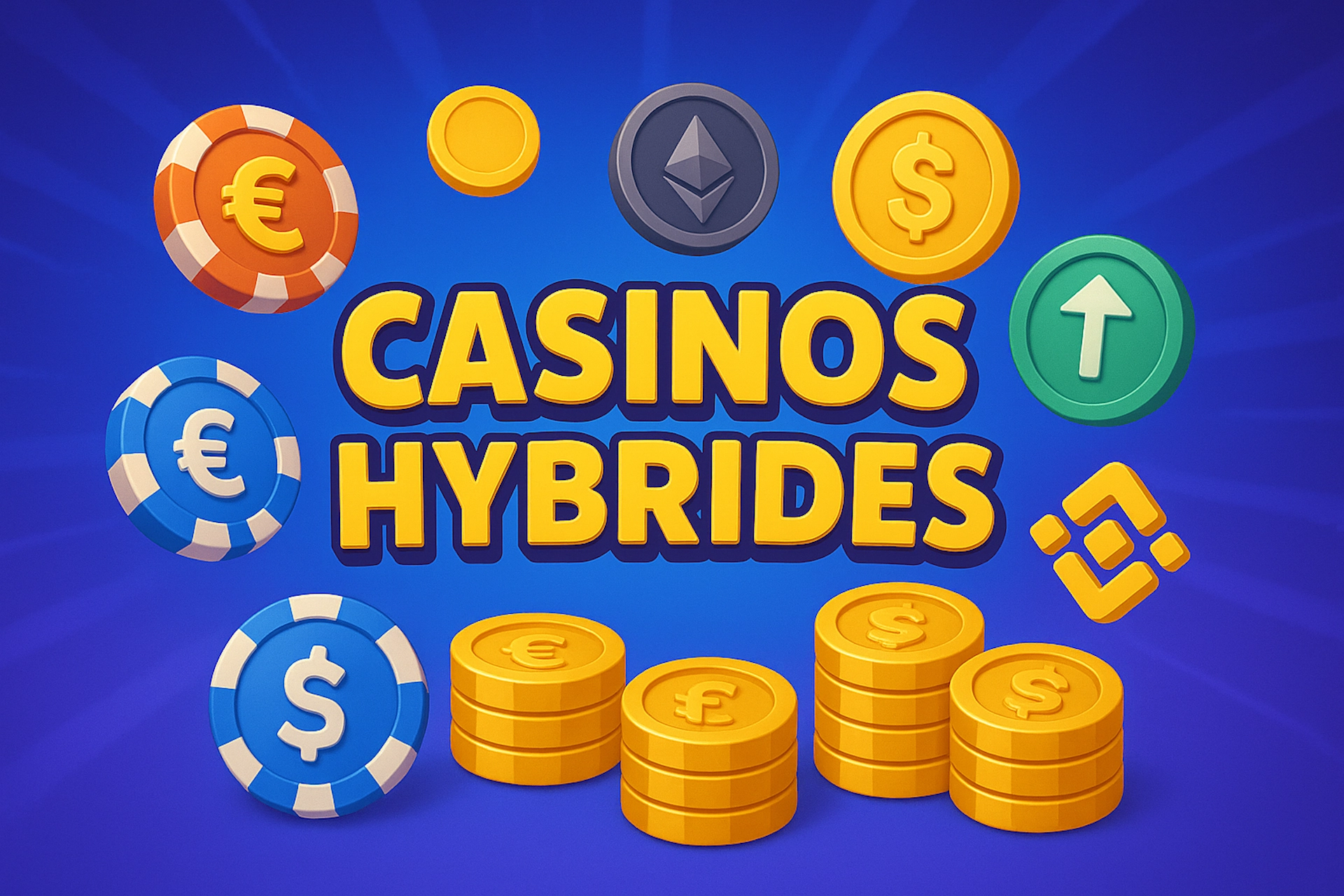 Illustration colorée représentant des casinos hybrides avec des jetons de poker, pièces en euros, dollars et cryptomonnaies comme Bitcoin ou Ethereum. Un visuel Casinotan au style moderne et percutant.