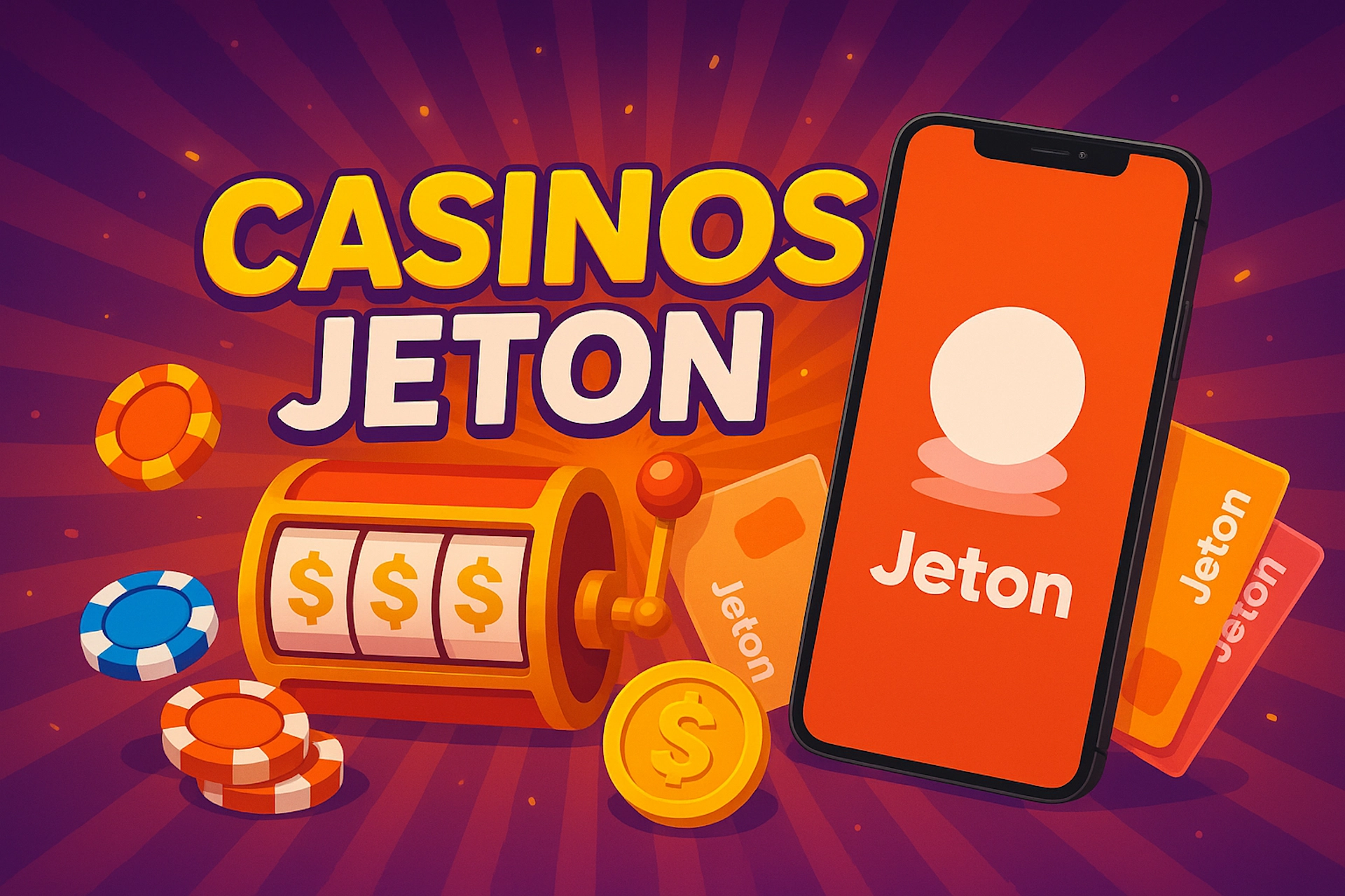Illustration 1920x1280 cartoon avec texte &laquo; CASINOS JETON &raquo;, smartphone affichant le logo Jeton officiel, cartes pr&eacute;pay&eacute;es Jeton orange, machine &agrave; sous 777, jetons et pi&egrave;ce dollar sur fond orange-violet lumineux style Casinotan