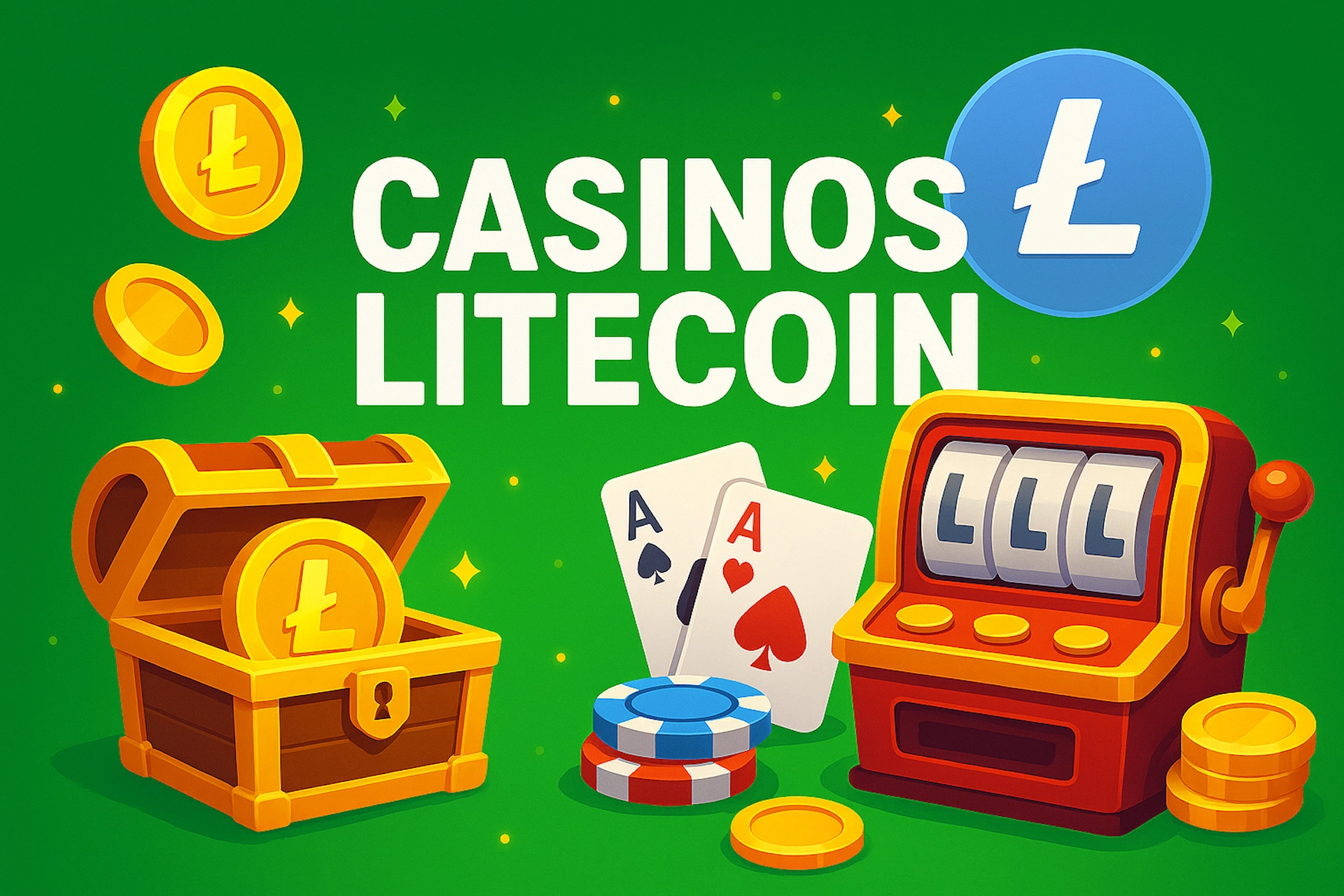 Illustration numérique au format 3:2 pour "Casinos Litecoin", avec un fond vert dynamique orné d’étoiles dorées, une machine à sous rouge et jaune avec des symboles "L", un coffre rempli de pièces Litecoin, des cartes As et des jetons de poker.