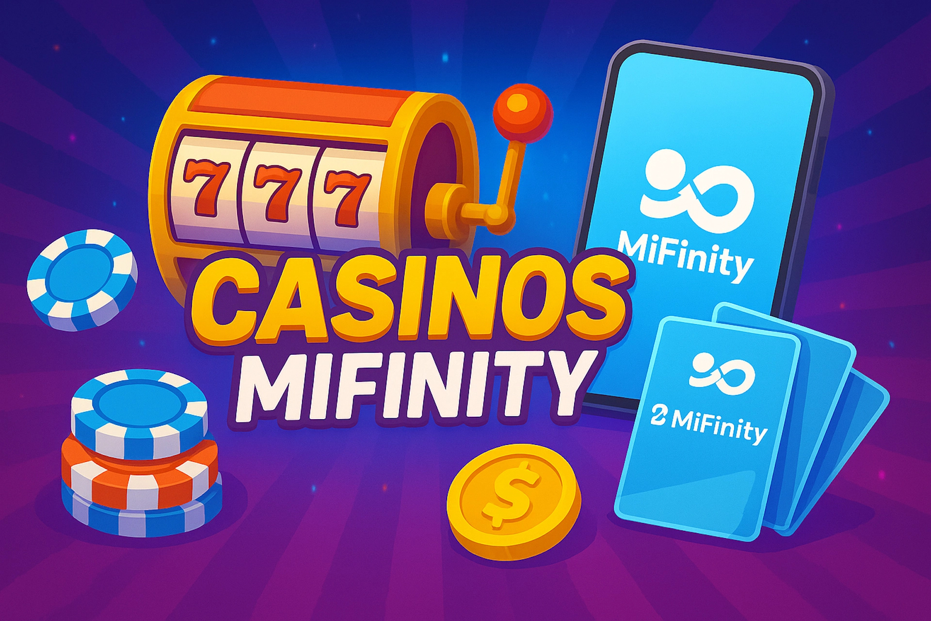 Illustration 1920x1280 cartoon avec texte « CASINOS MIFINITY », smartphone affichant le logo MiFinity, cartes prépayées MiFinity, machine à sous 777, jetons et pièce dollar sur fond bleu-violet lumineux style Casinotan