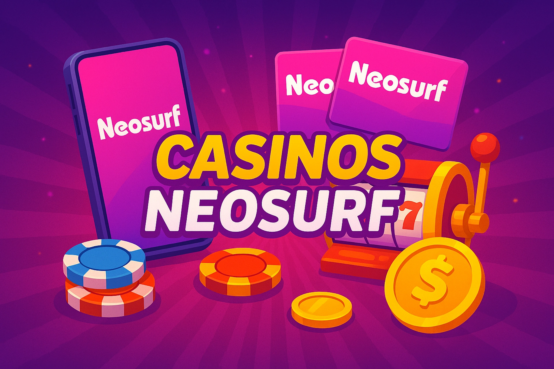 Illustration 1920x1280 cartoon avec texte « CASINOS NEOSURF », smartphone affichant l’app Neosurf, cartes prépayées Neosurf, machine à sous 777, jetons et pièce dollar sur fond violet-rose épuré et lisible