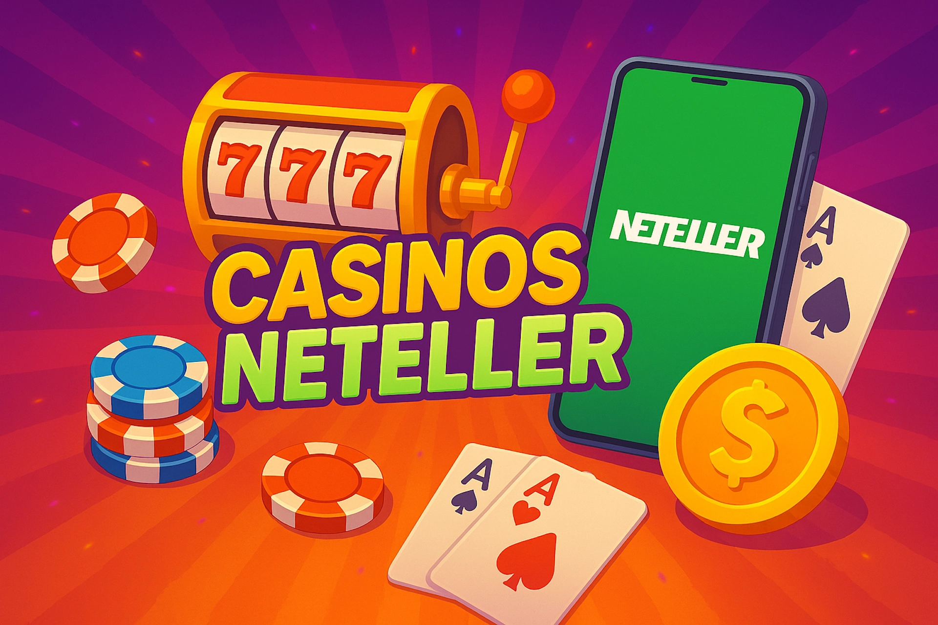 Illustration 1920x1280 cartoon avec texte « CASINOS NETELLER », smartphone affichant l’app Neteller, machine à sous 777, jetons, cartes As, pièce dollar, sur fond violet-orange lumineux sans portefeuille à gauche