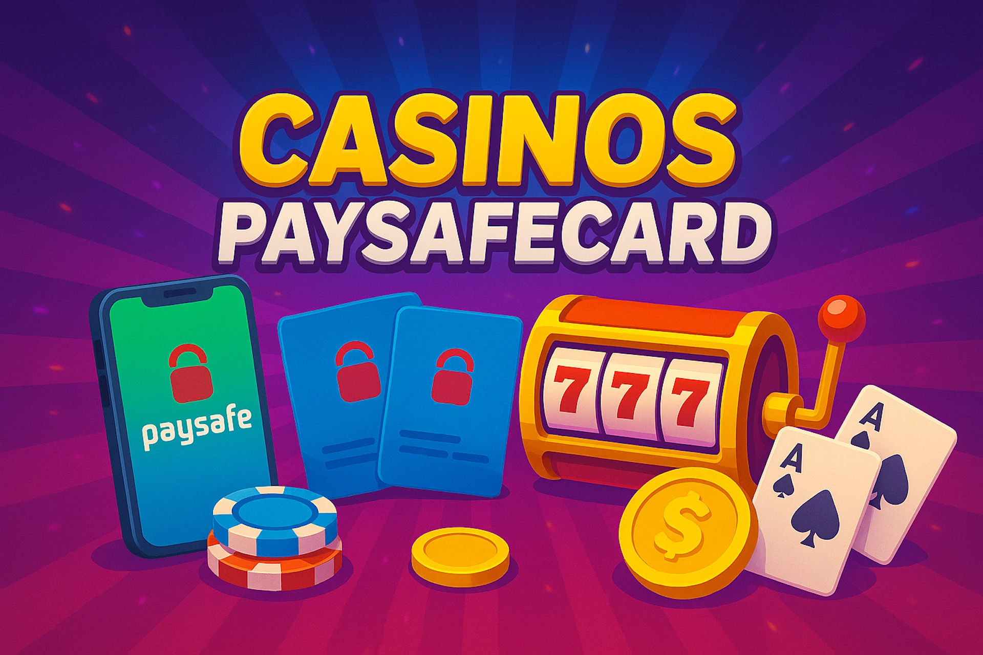 Illustration 1920x1280 cartoon avec texte « CASINOS PAYSAFECARD », smartphone affichant l’app Paysafecard, cartes prépayées bleues avec logo cadenas, machine à sous 777, jetons, cartes As et pièce dollar sur fond violet-bleu flashy