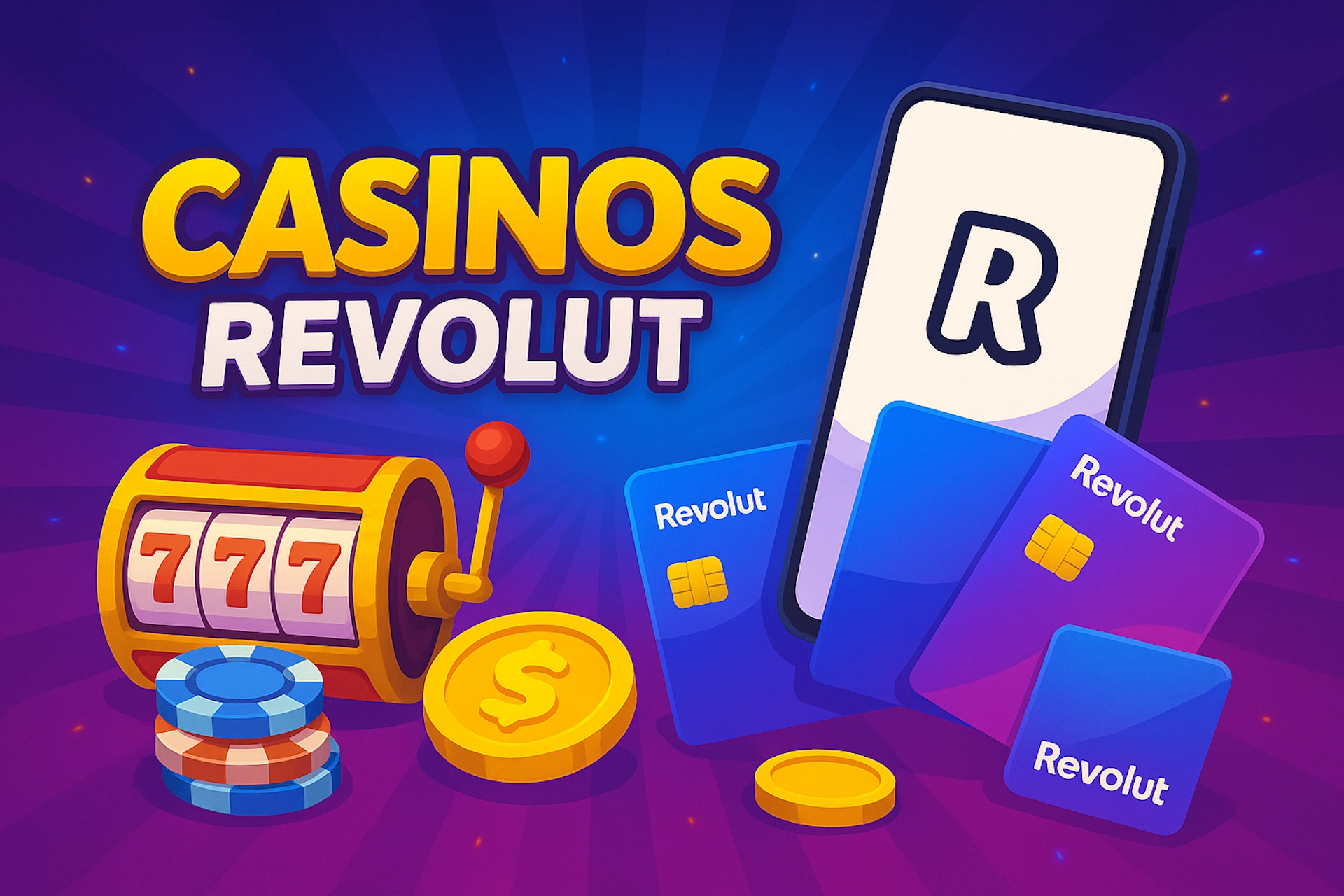Illustration 1920x1280 cartoon avec texte &laquo; CASINOS REVOLUT &raquo; corrig&eacute;, smartphone affichant le logo Revolut, cartes Revolut bleu-violet, machine &agrave; sous 777, jetons et pi&egrave;ce dollar sur fond bleu-violet lumineux style Casinotan
