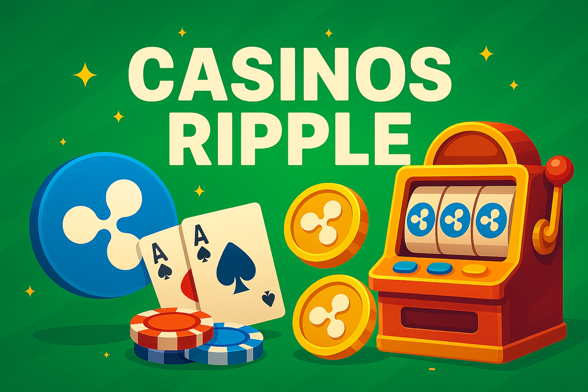 Illustration numérique au format 3:2 pour "Casinos Ripple", avec un fond vert texturé et des étoiles dorées, une machine à sous rouge et jaune avec le logo Ripple sur les rouleaux, deux cartes As, des jetons de poker et plusieurs pièces Ripple autour.
