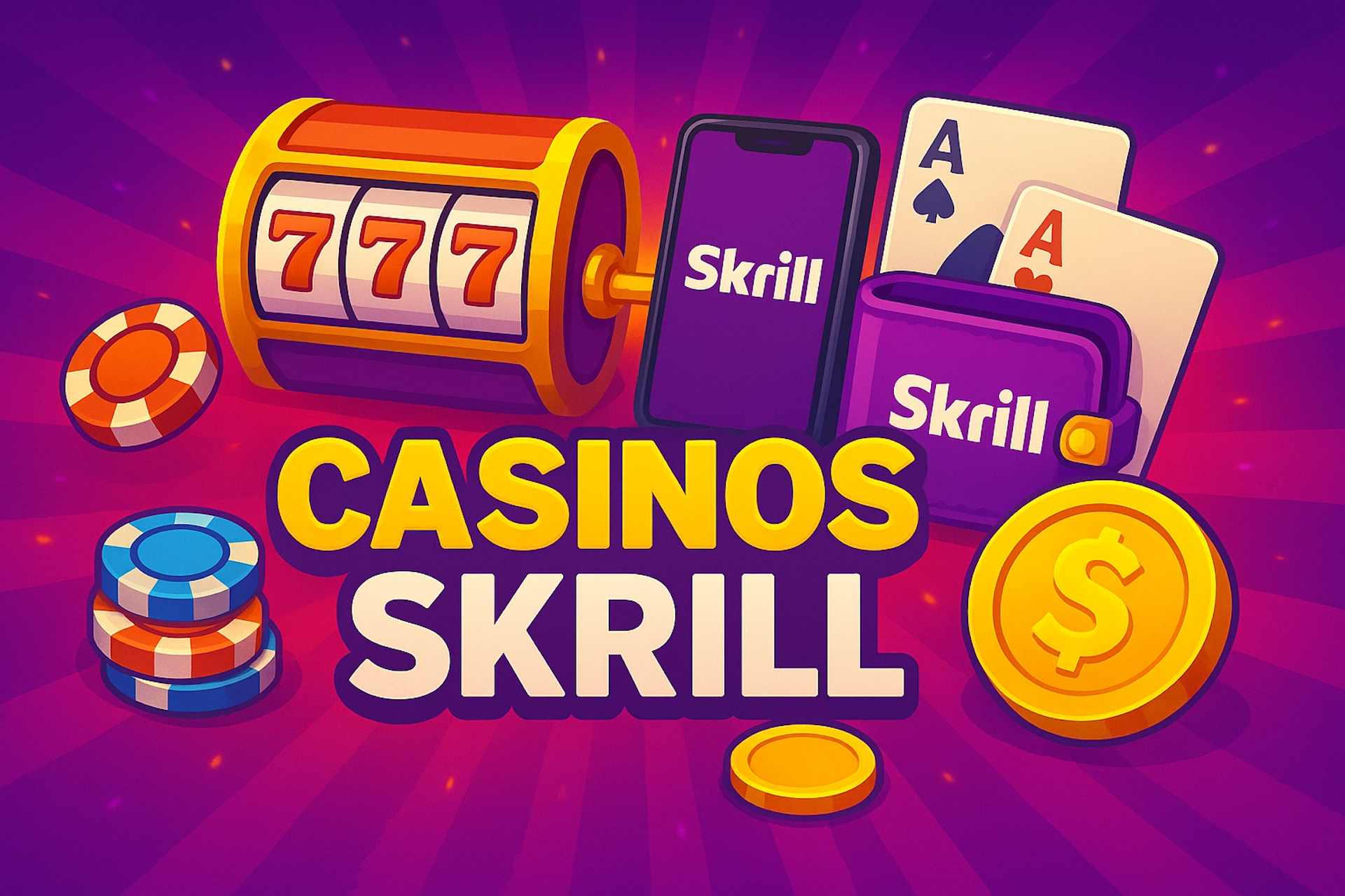 Illustration 1920x1280 cartoon avec texte « CASINOS SKRILL », smartphone affichant l’app Skrill, portefeuille violet, machine à sous 777, jetons de casino, cartes As et pièce dollar sur fond violet-orange lumineux