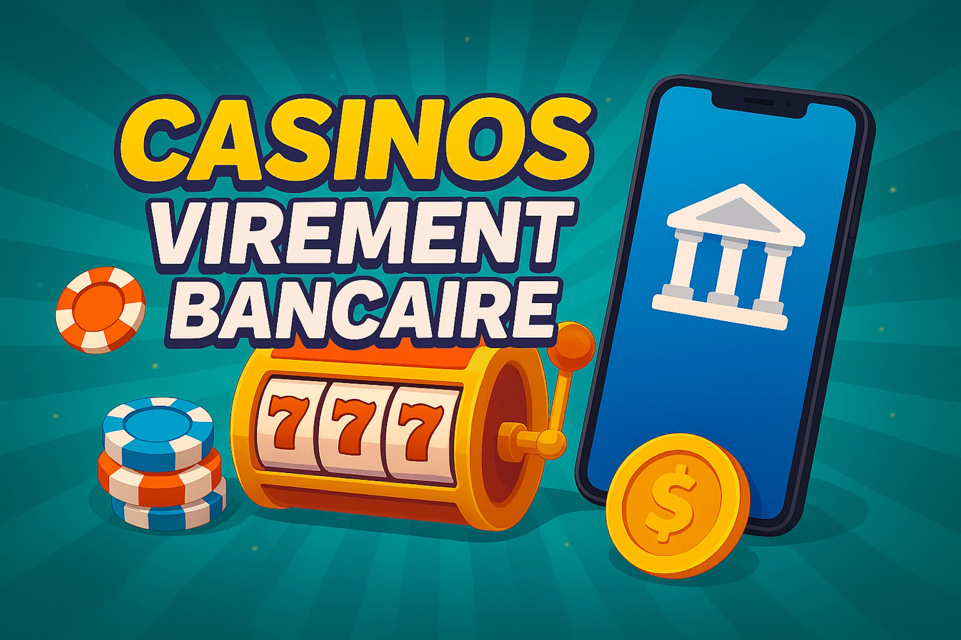 Illustration 1920x1280 cartoon avec texte &laquo; CASINOS VIREMENT BANCAIRE &raquo; (CASINOS jaune + VIREMENT BANCAIRE blanc en majuscules), smartphone affichant une emoji banque, machine &agrave; sous 777, jetons et pi&egrave;ce dollar sur fond bleu-vert lumineux style Casinotan.