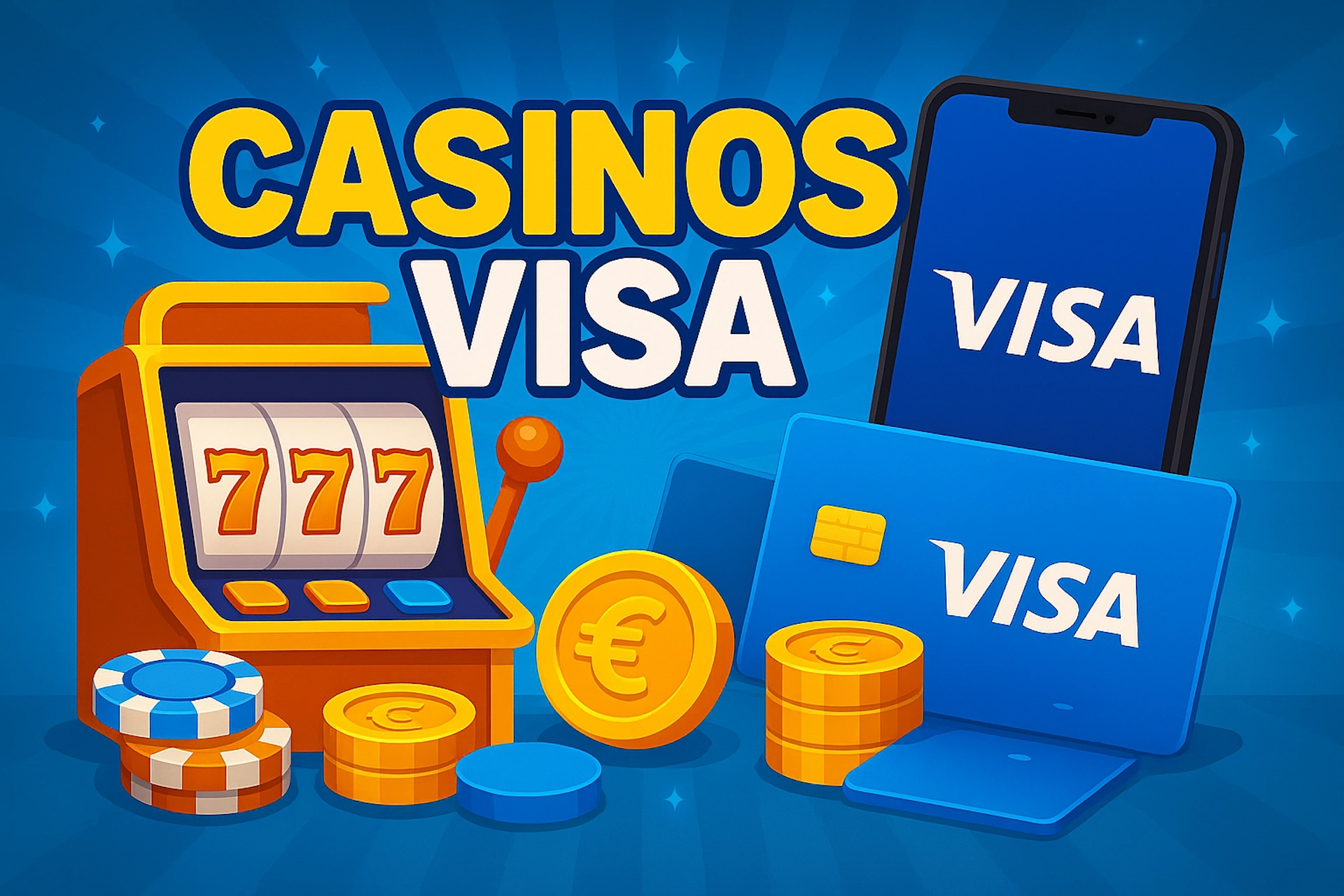 Illustration CASINOS VISA style cartoon color&eacute; avec machine &agrave; sous &agrave; trois rouleaux, carte bancaire Visa, smartphone Visa, jetons et pi&egrave;ces en euro