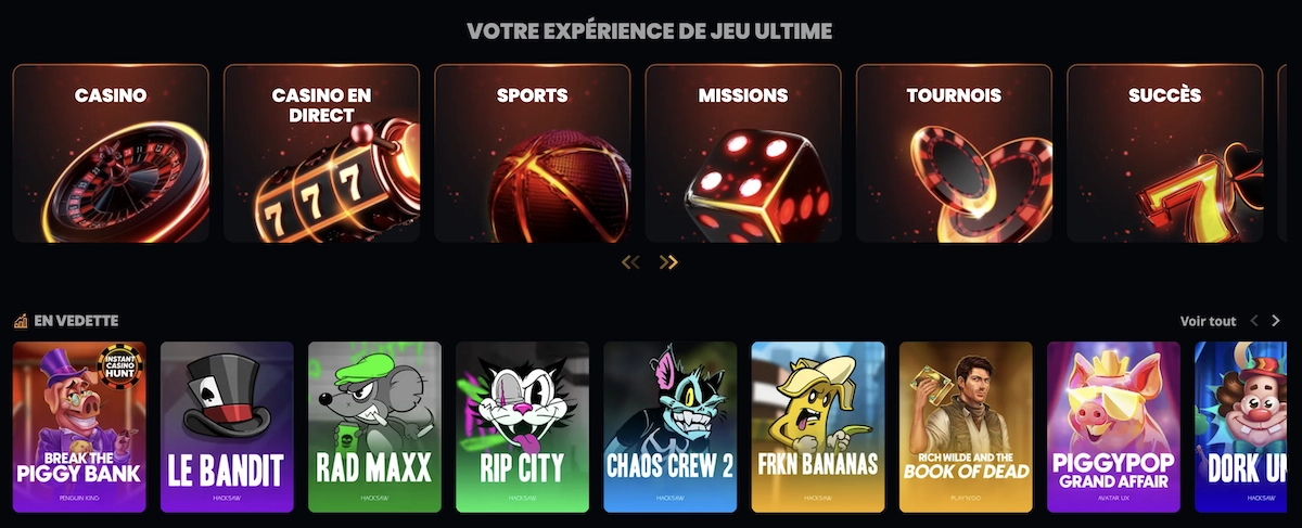 Catalogue complet de jeux sur Instant Casino avec machines &agrave; sous, casino en direct, sports et missions
