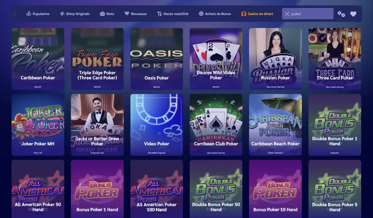 Catalogue de jeux de poker sur Shiny Wilds avec Caribbean Poker, Oasis Poker, Triple Edge Poker et plusieurs variantes de video poker.