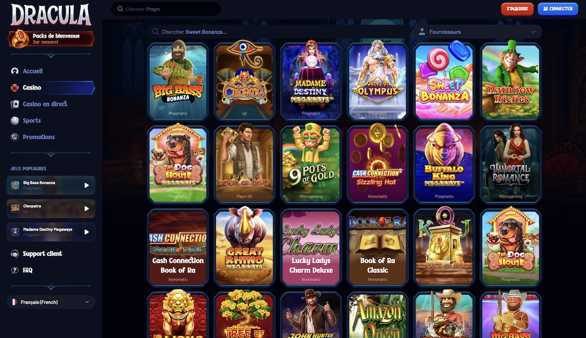 Catalogue de jeux sur Dracula Casino affichant des machines &agrave; sous populaires comme Big Bass Bonanza, Cleopatra et Gates of Olympus