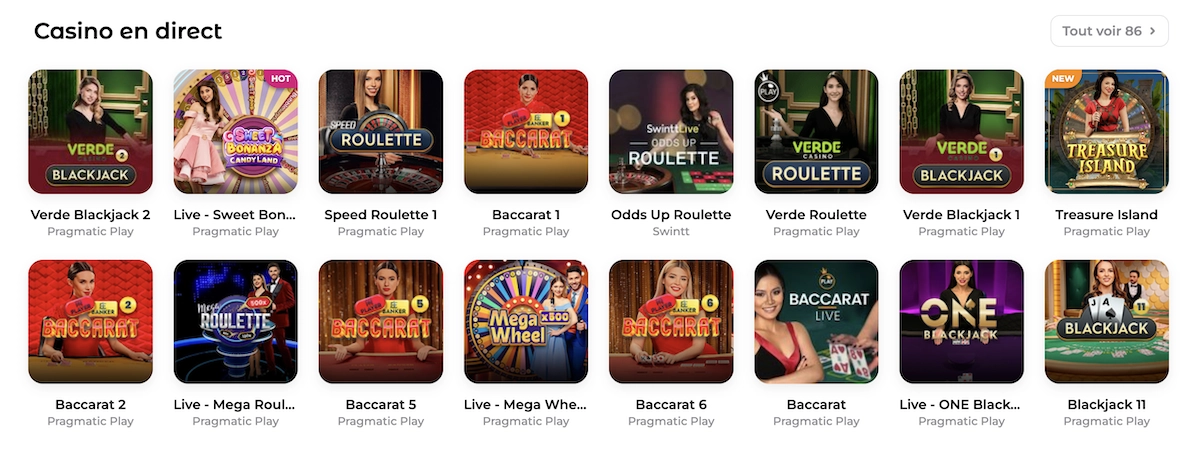 catalogue des jeux de casino en direct sur verde casino