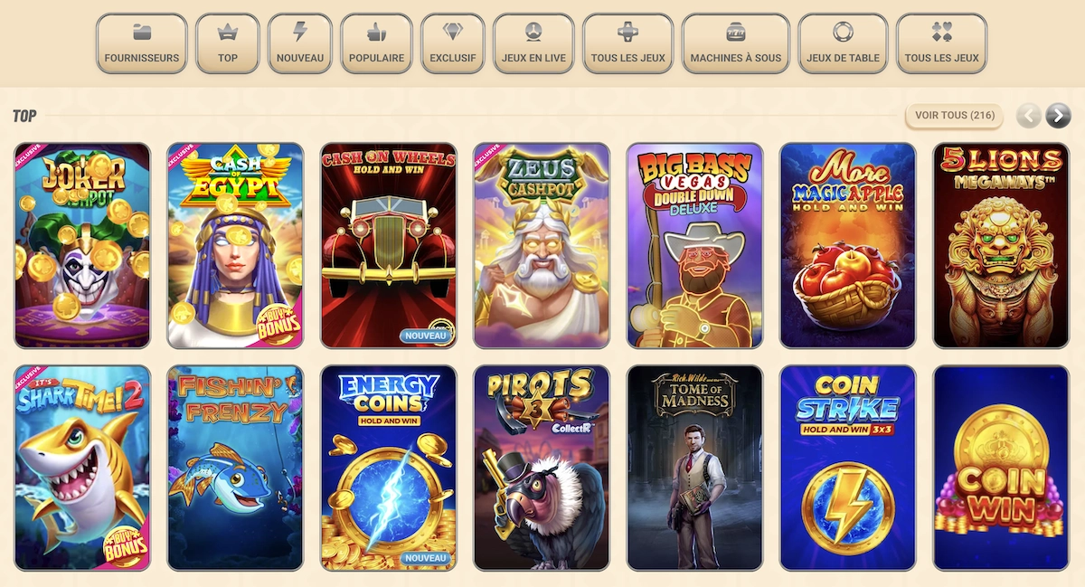 catalogue de jeux de casino sur Vegasino