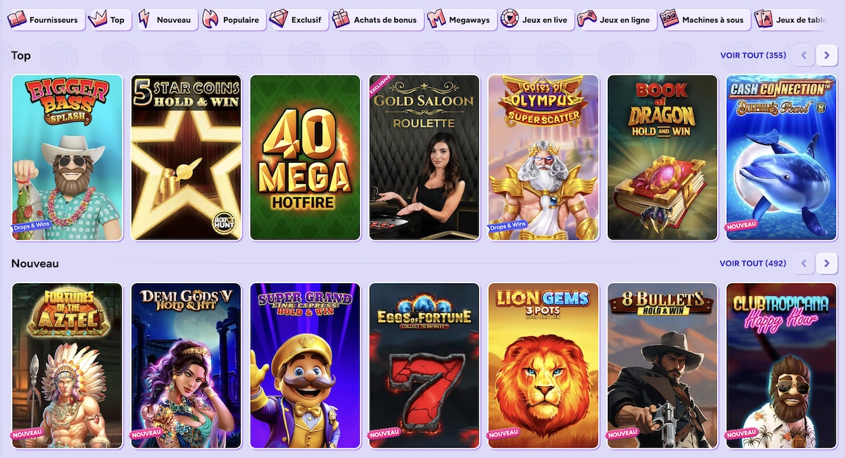 catalogue de jeux de casino sur Spinbara