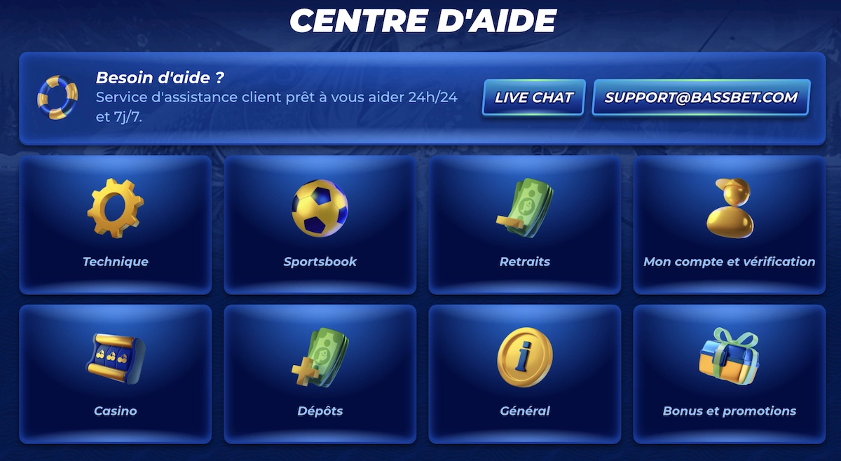 Centre d&rsquo;aide de BassBet Casino avec boutons de contact pour le live chat et l&rsquo;email support