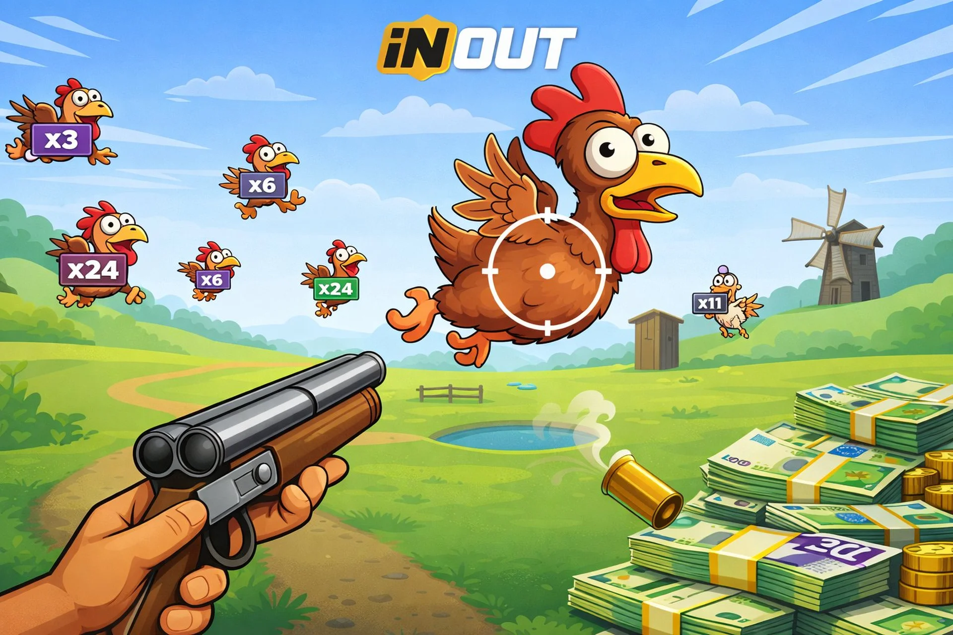 Image de mise en avant du mini-jeu Chicken Shoot d'Inout Games avec des poulets volant sur une ferme et un fusil en premier plan