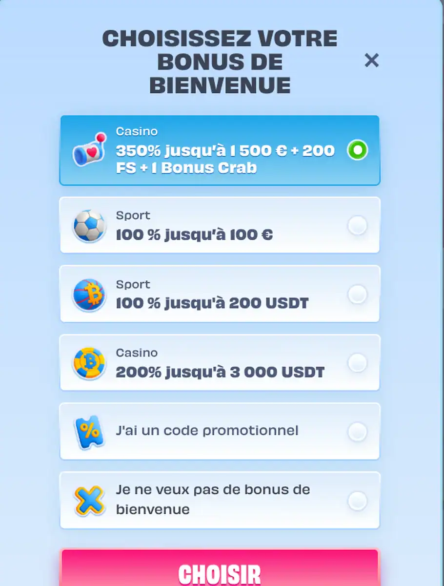 Écran de choix du bonus de bienvenue sur OnlySpins Casino avec les offres casino et sport à sélectionner avant de valider.