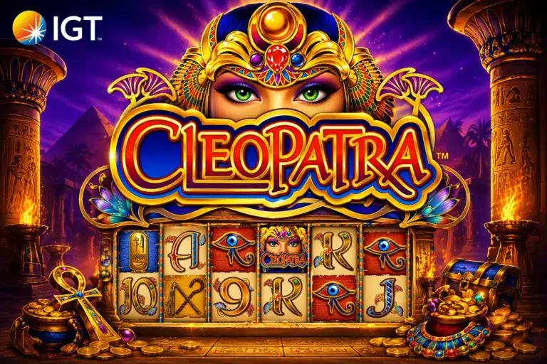Image de mise en avant de la machine &agrave; sous Cleopatra d'IGT avec les rouleaux et les symboles &eacute;gyptiens sur fond violet