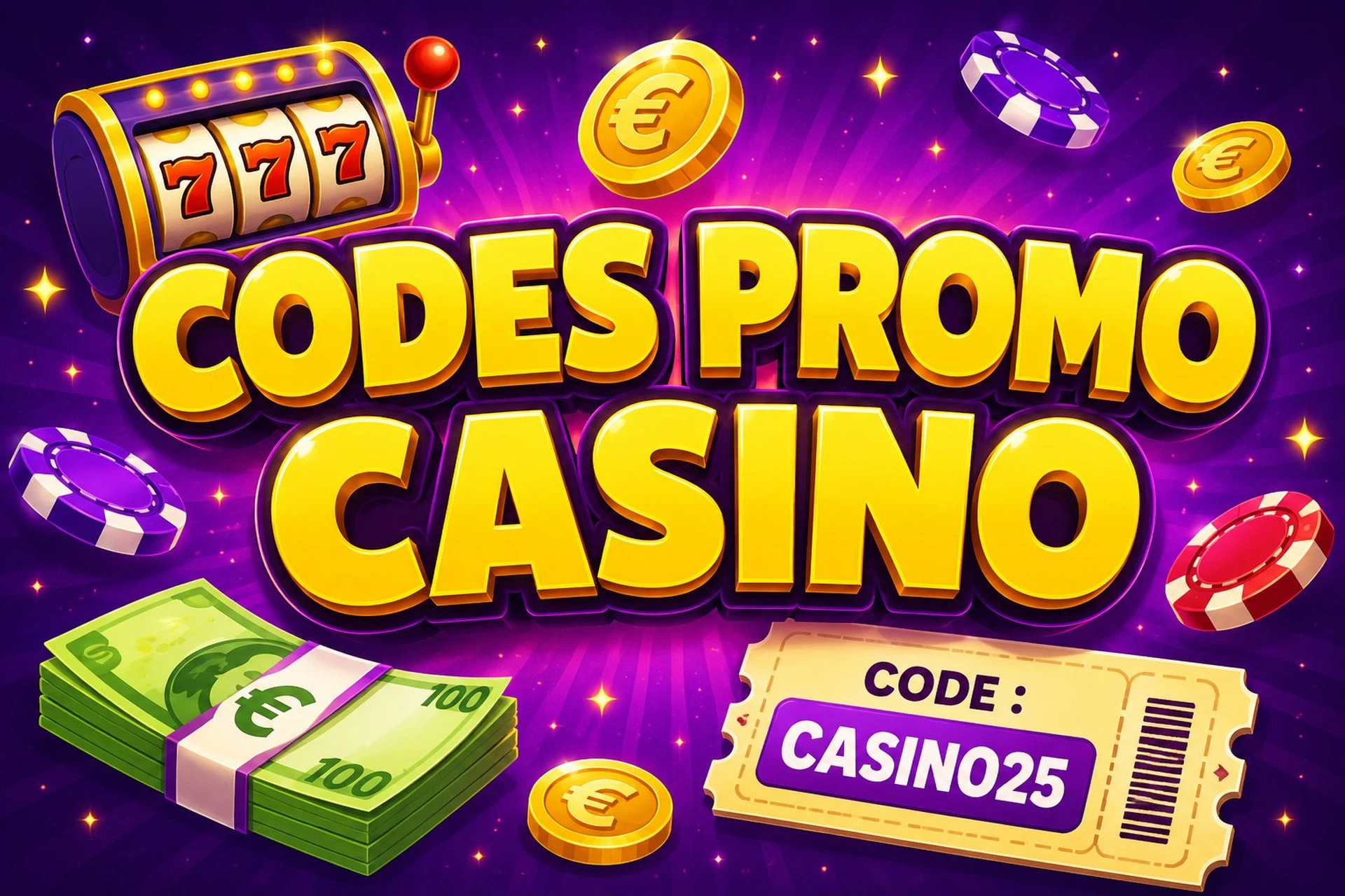 Illustration cartoon avec les mots Codes Promo Casino en lettres dorées, une machine à sous 777, des jetons, des billets en euros et un ticket avec le code CASINO25
