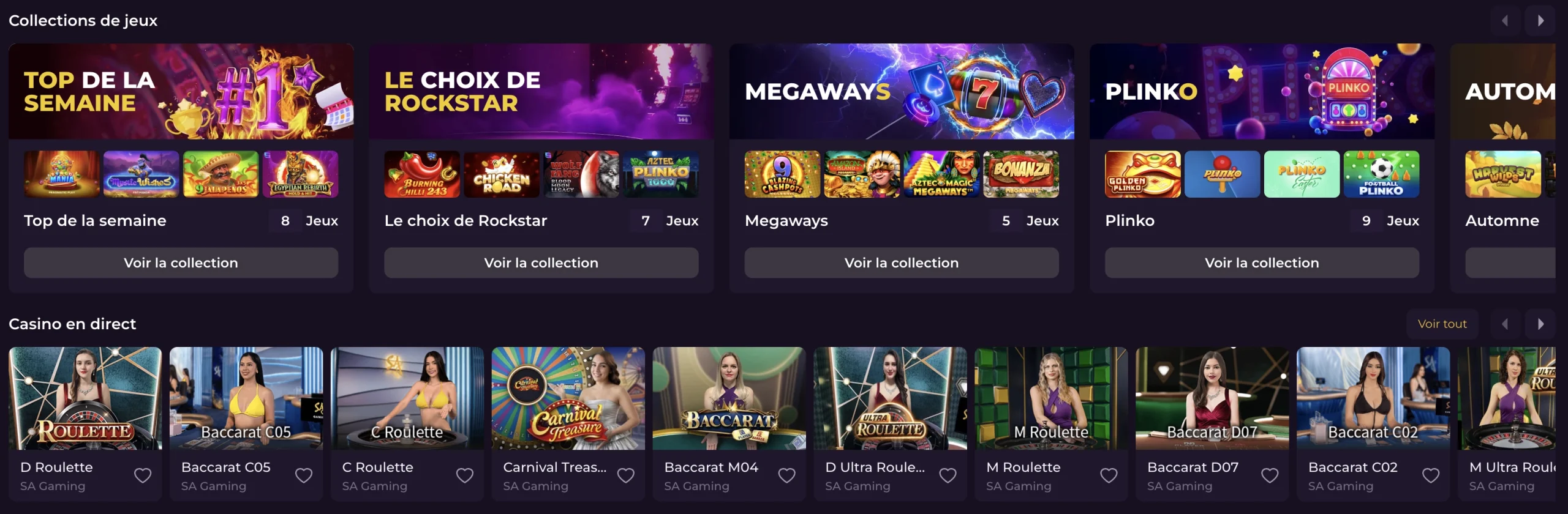 Collections de jeux sur Rockstar Casino incluant Megaways, Plinko et Le choix de Rockstar