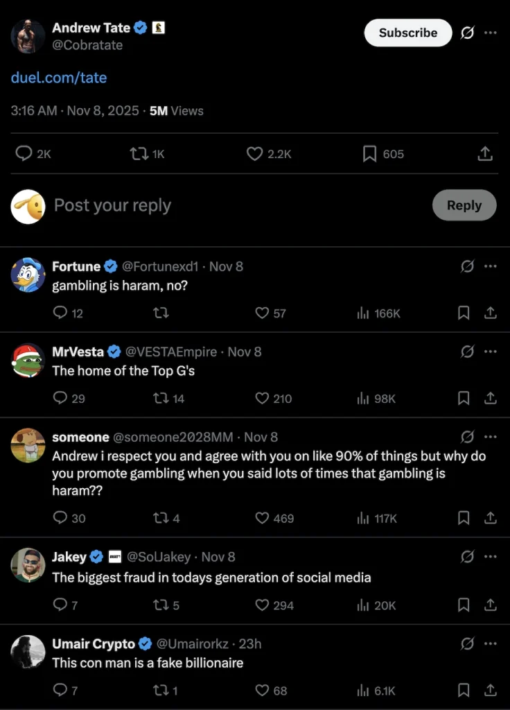 Réactions des utilisateurs sous le post X d’Andrew Tate à propos de son partenariat avec le casino Duel.com.