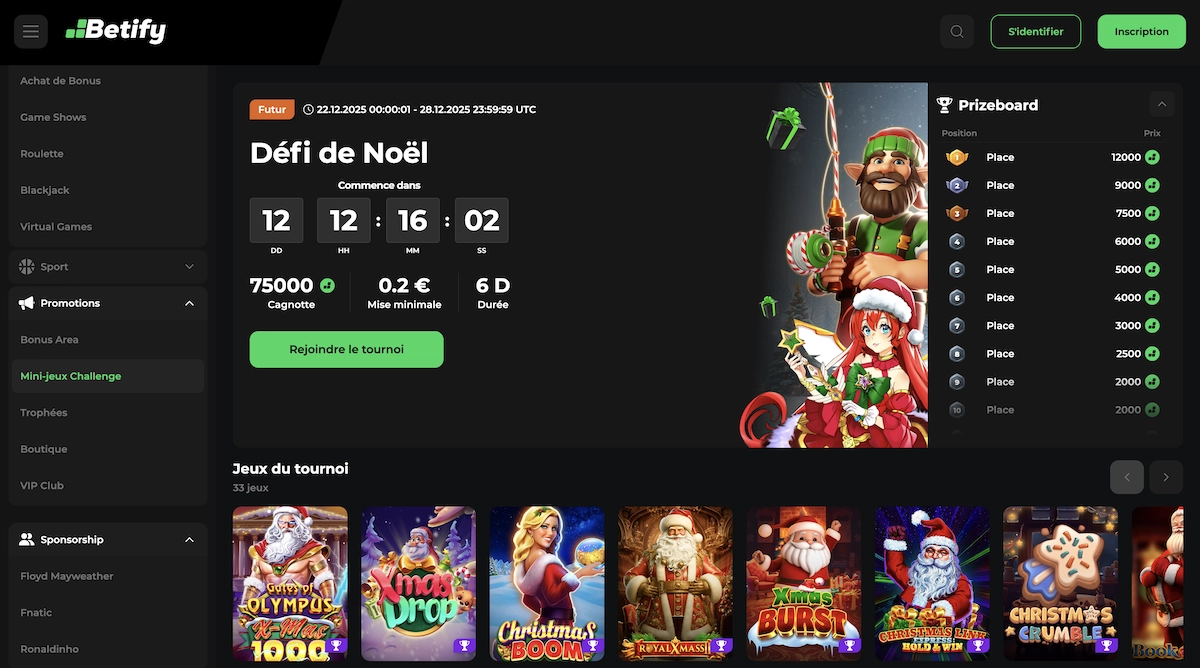 Page du D&eacute;fi de No&euml;l sur Betify avec 75 000 bytes &agrave; gagner et une liste de machines festives, un des bonus de No&euml;l casino les plus g&eacute;n&eacute;reux.
