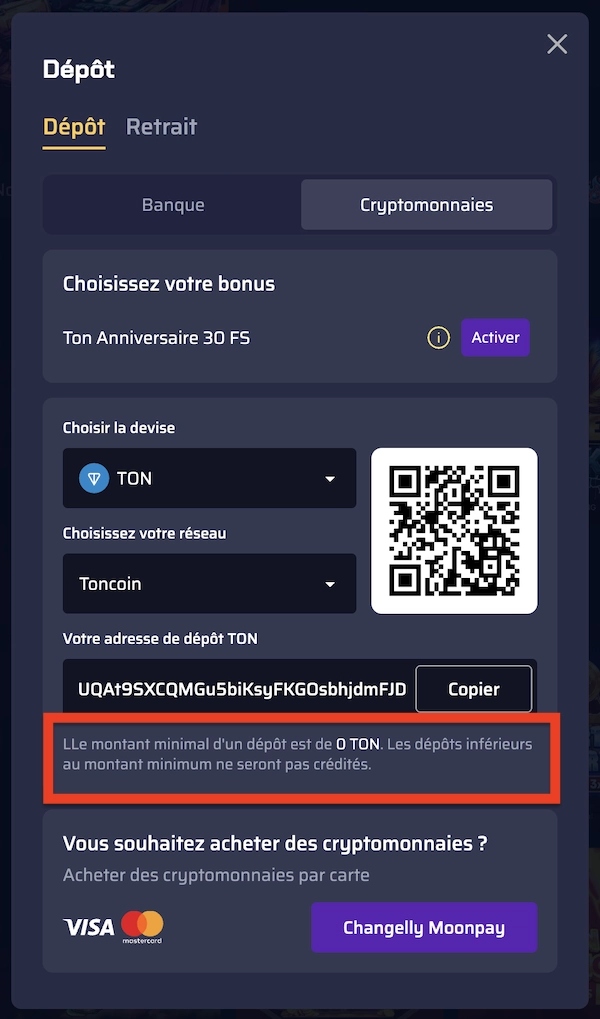 &eacute;cran de d&eacute;p&ocirc;t pour faire un d&eacute;p&ocirc;t en Toncoin (TON) sur le casino en ligne Betory