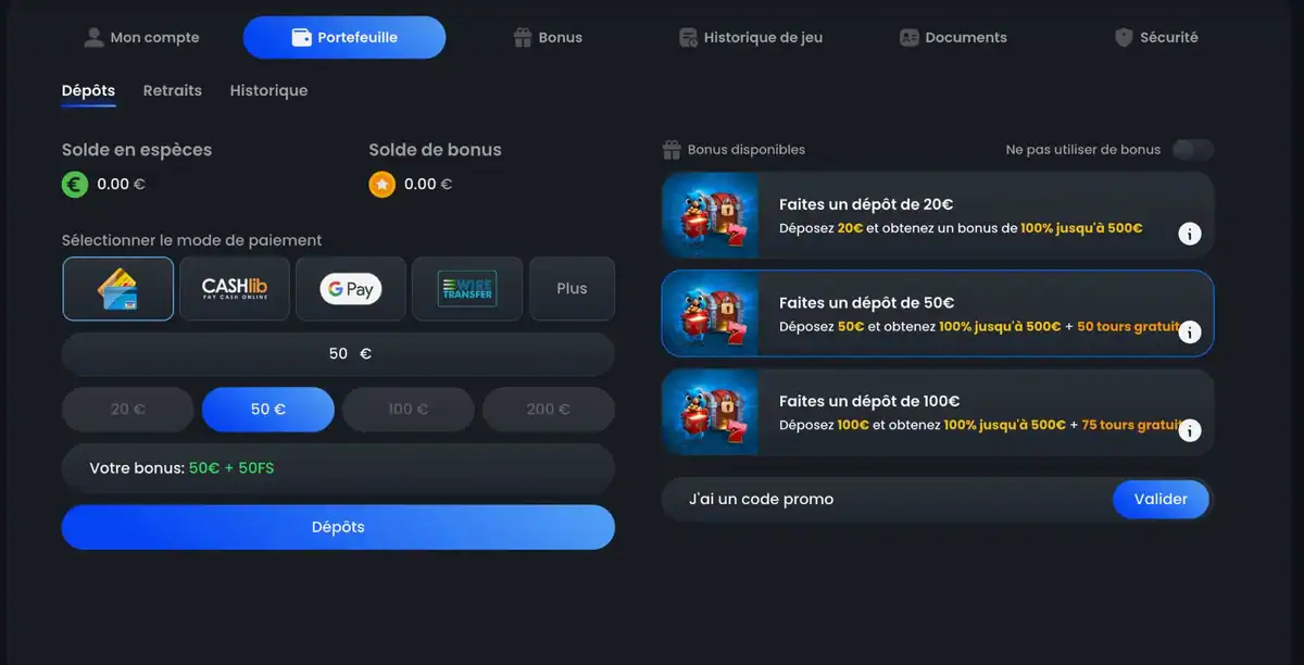 Page de dépôt de MonacoJack Casino avec les méthodes de paiement disponibles, un montant de 50 € sélectionné et le bonus correspondant de 50 € + 50 tours gratuits. À droite, les 3 paliers de bonus selon le montant déposé, de 20 € à 100 €.