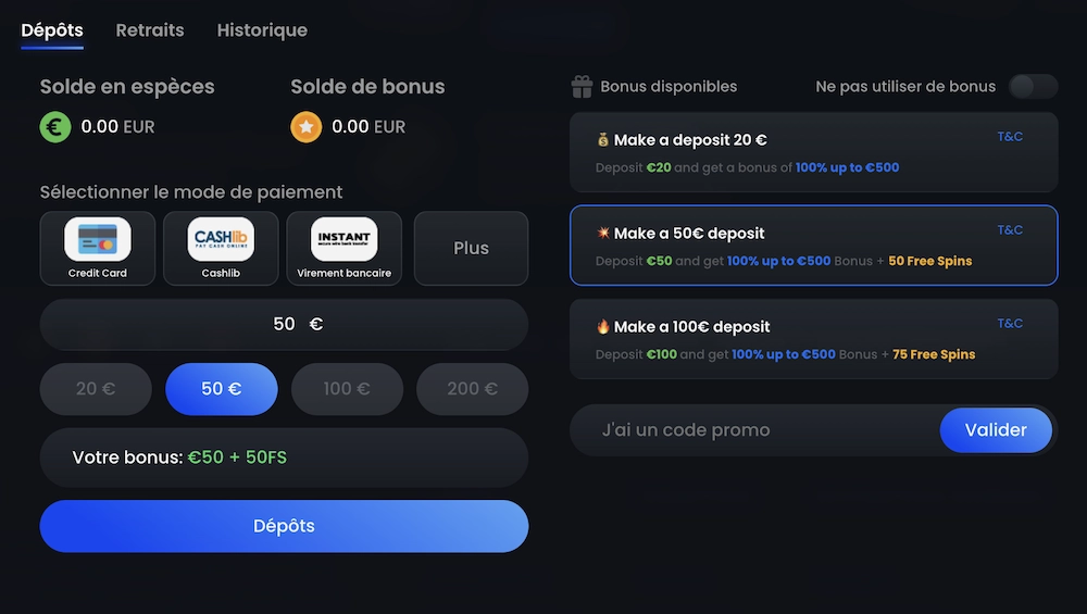 options de depot dans la section mon compte de MonacoJack casino