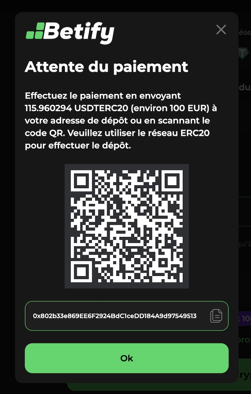 QR code pour faire un dépôt en USDT sur son compte Betify casino