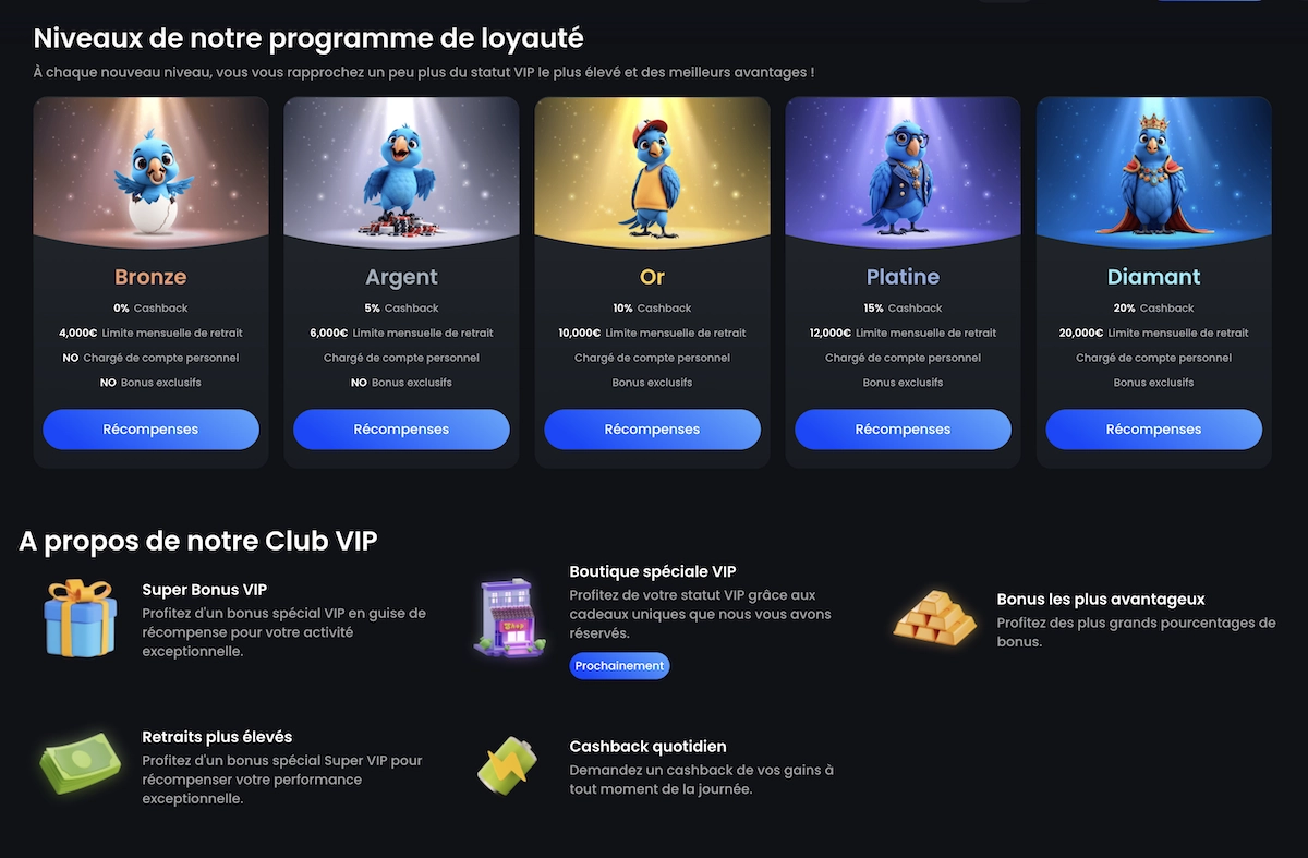 details et avantages du club vip de MonacoJack casino