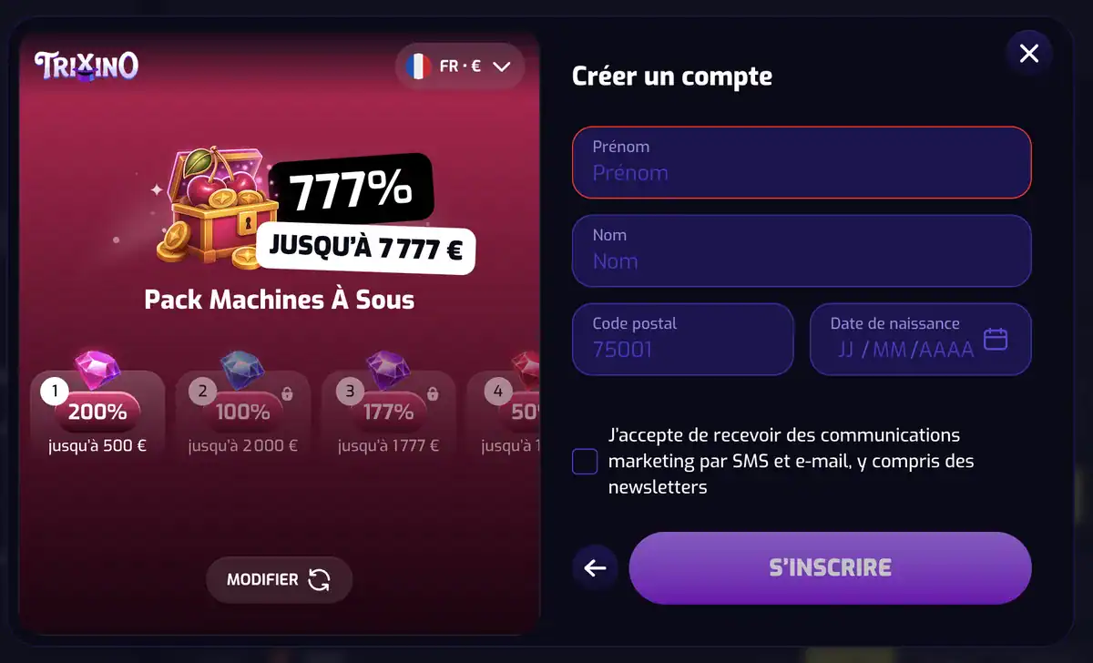 La 2e étape de l'inscription sur trixino casino avec les champs d'identité et la case des communications marketing.