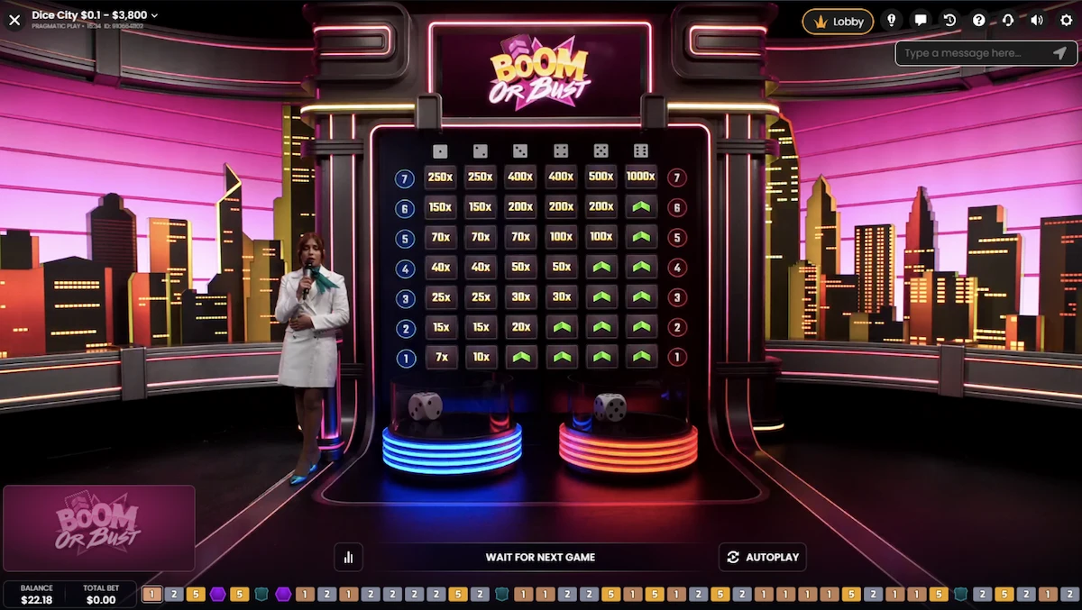 Interface du jeu Dice City de Pragmatic Play montrant le bonus Boom or Bust avec multiplicateurs jusqu&rsquo;&agrave; 10 000x