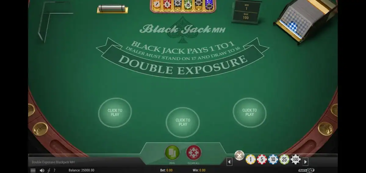 Table du Double Exposure Blackjack MH par Play'n GO avec le paiement Blackjack 1 to 1 et 3 positions visibles.