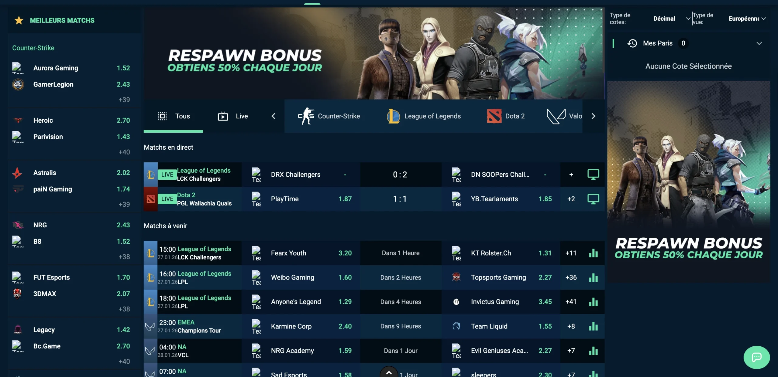 Section paris e-sports sur Rolletto avec matchs Counter-Strike et League of Legends affich&eacute;s