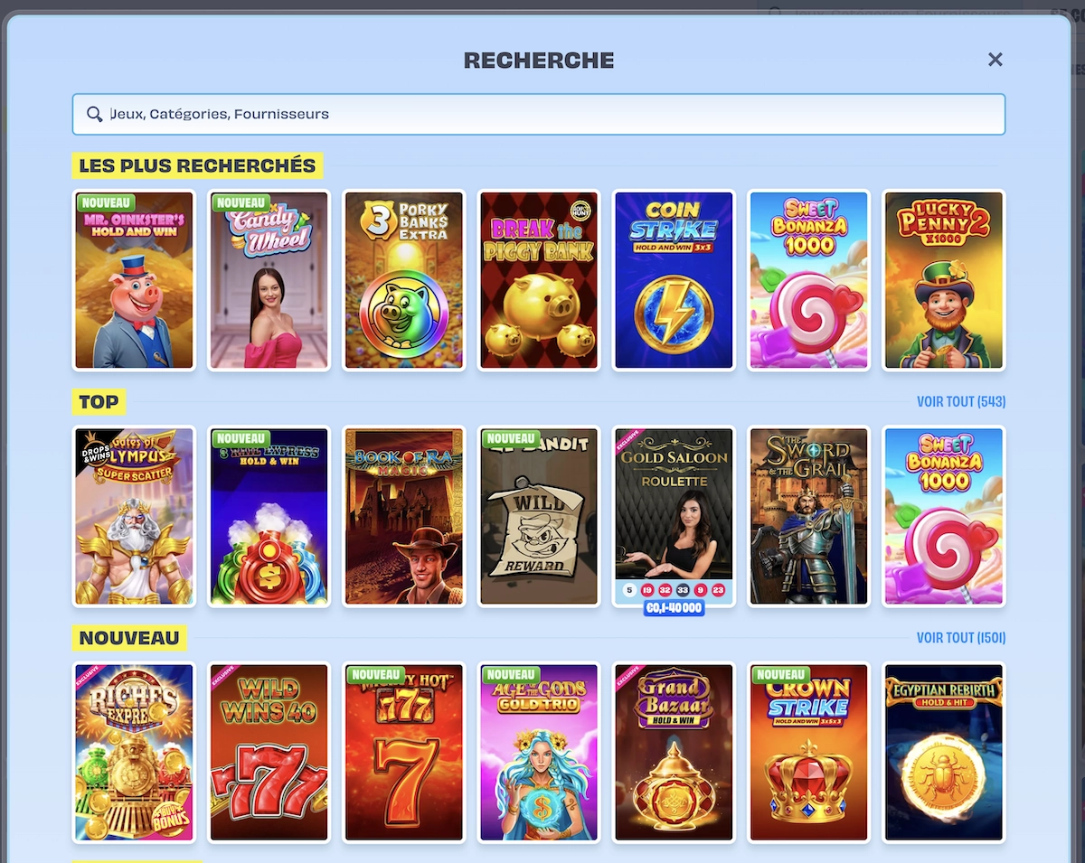 &Eacute;cran de recherche de jeux sur OnlySpins Casino montrant les titres populaires et nouveaut&eacute;s