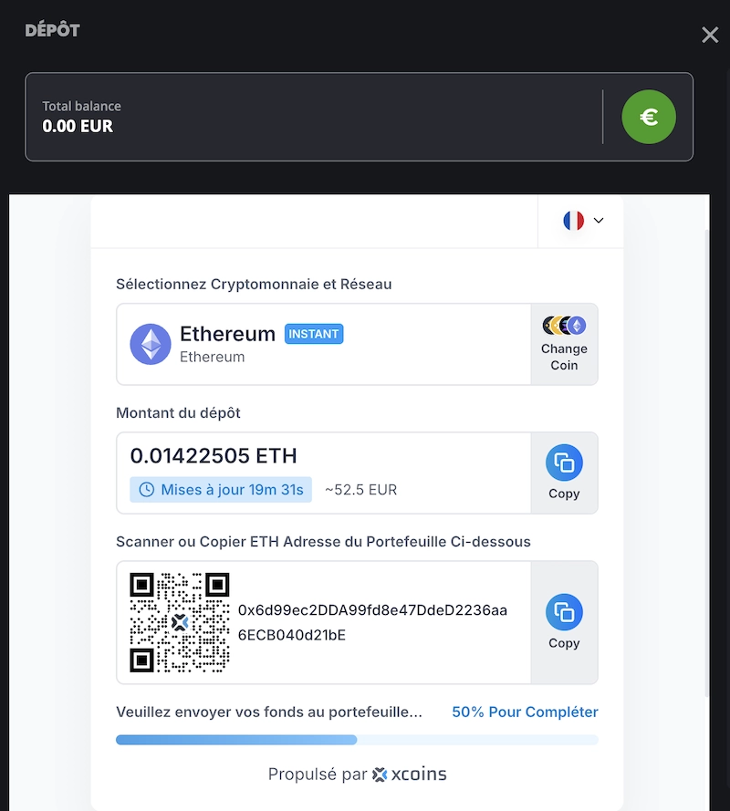 Interface de d&eacute;p&ocirc;t Ethereum sur Instant Casino, affichant le montant en ETH, l&rsquo;adresse de portefeuille &agrave; copier ou scanner via QR code, et les informations de conversion en euros.