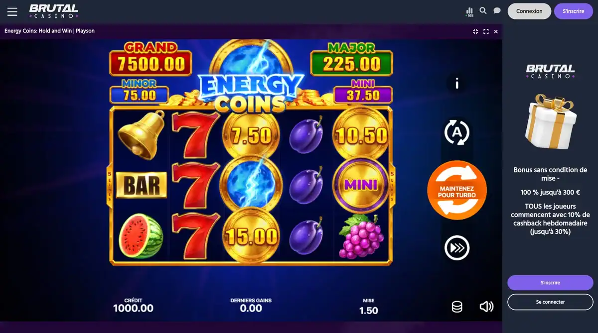 Interface de la machine à sous Energy Coins Hold and Win de Playson sur Brutal Casino avec les jackpots Grand, Major, Minor et Mini
