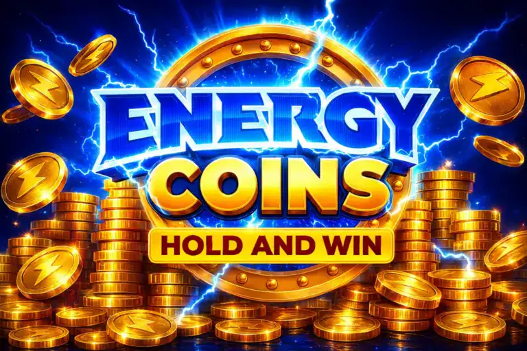 Image de mise en avant de la machine &agrave; sous Energy Coins Hold and Win de Playson avec des pi&egrave;ces dor&eacute;es et des &eacute;clairs bleus