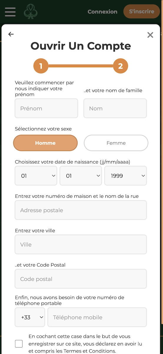 Formulaire d&rsquo;inscription Dublinbet &eacute;tape 1 avec saisie des informations personnelles et coordonn&eacute;es.