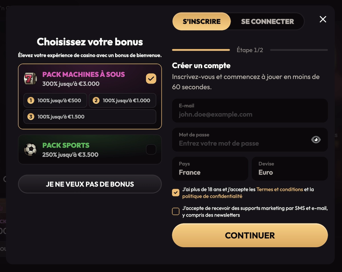 Première étape du formulaire d’inscription sur MadCasino avec choix du pack de bienvenue et champs à remplir