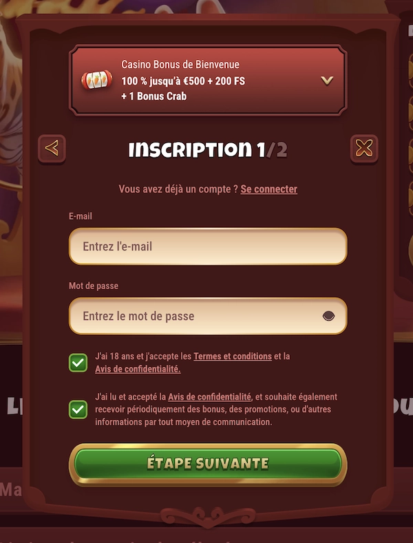 &eacute;tape 1 du formulaire d'inscription sur Magius Casino
