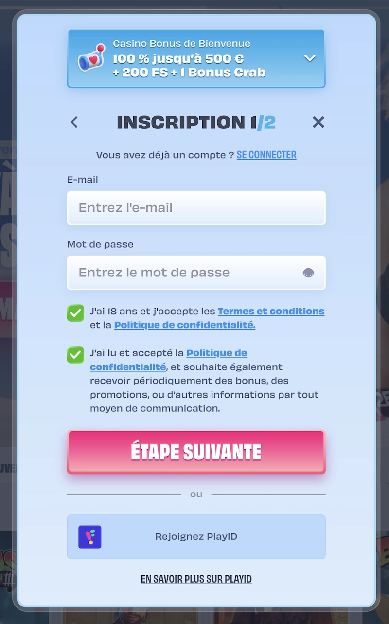 &Eacute;tape 1 du formulaire d&rsquo;inscription sur OnlySpins Casino avec champs e-mail, mot de passe et bouton &Eacute;tape suivante
